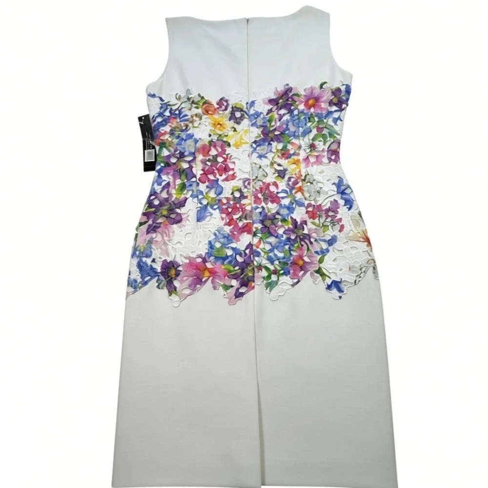 NWT‎ Tahari ASL Floral Lace Sheath Dress Womens 2 Cream Watercolor Pastel Spring